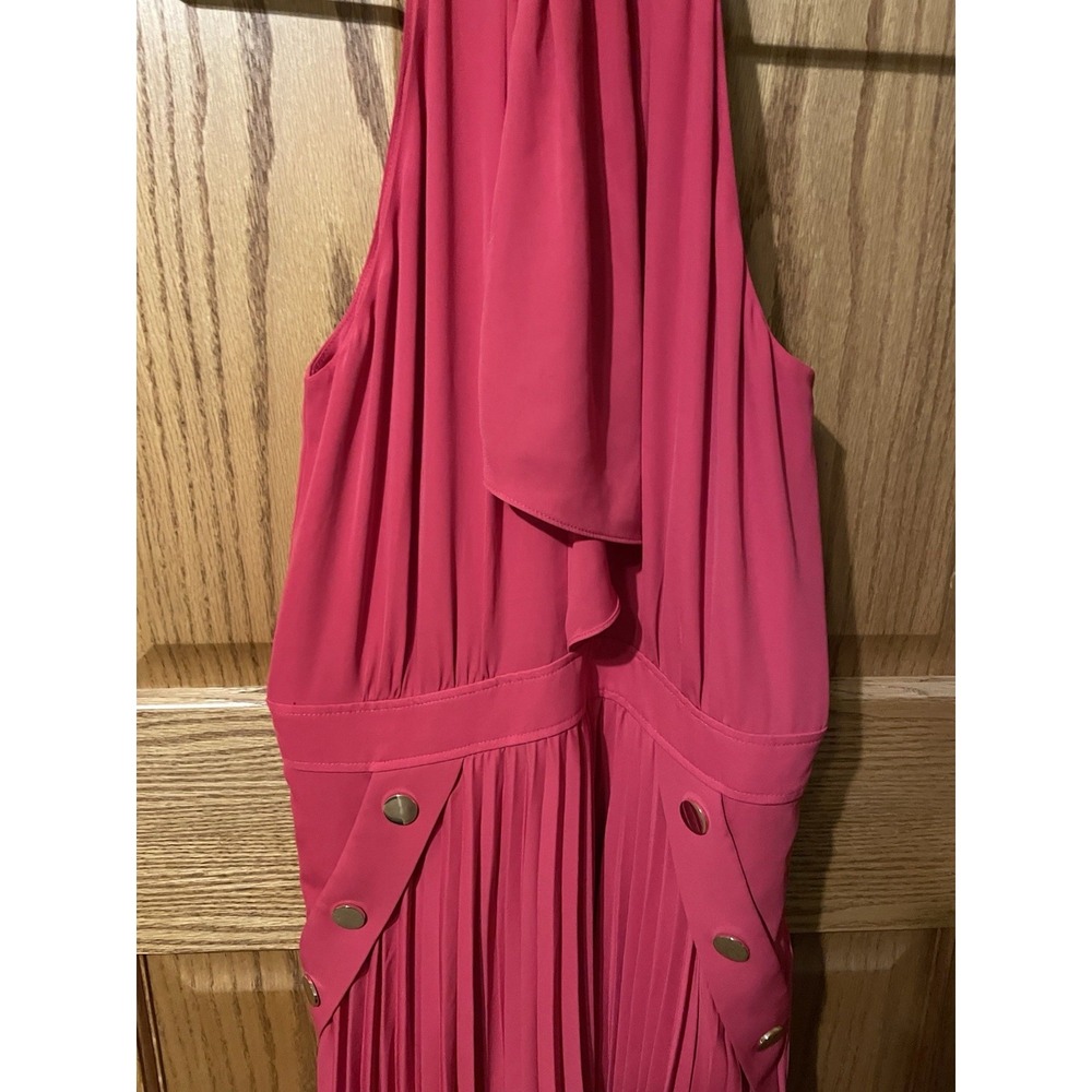 Reiss Red Pleated Halter Midi Dress Berry Pink Gold Button Detail Size 4 - Picture 9 of 14
